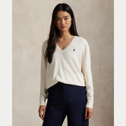 Creme Cotton V-neck Sweater
