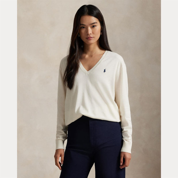 Creme Cotton V-neck Sweater