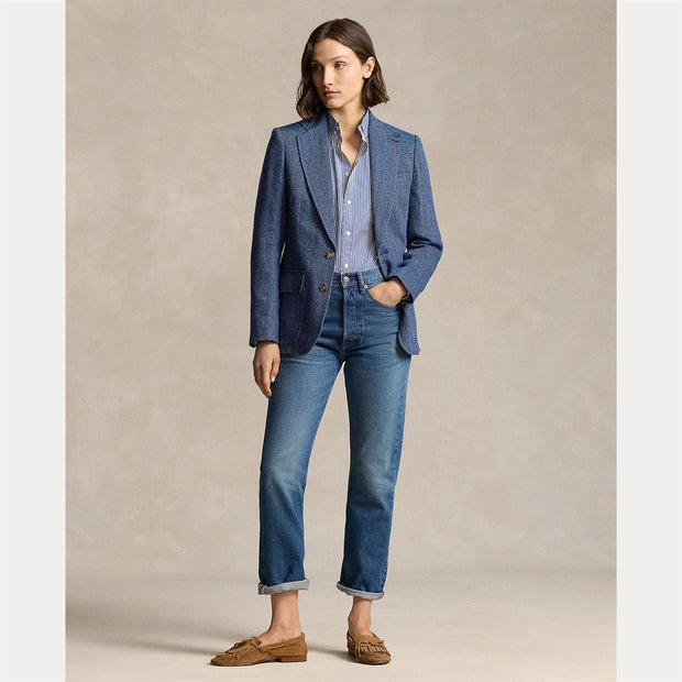 Blå Herringbone Linen Blend Blazer - Stilshoppen