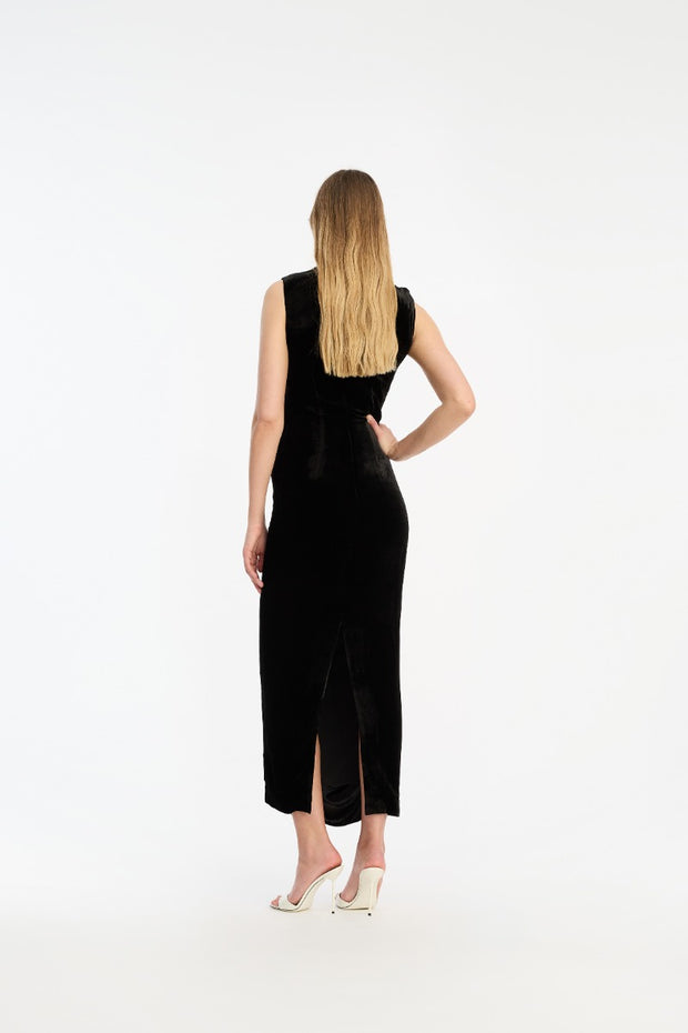 Sort Velvet Ruched Midi Dress - Stilshoppen
