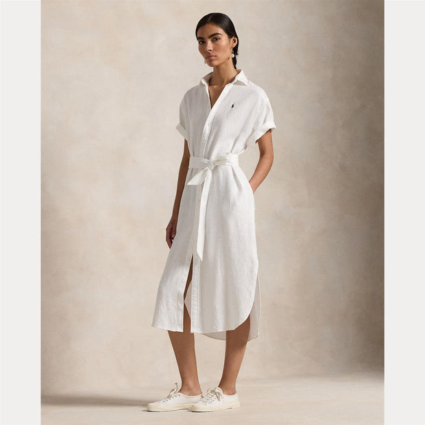Hvit Linen shirt sleeve shirtdress - Stilshoppen