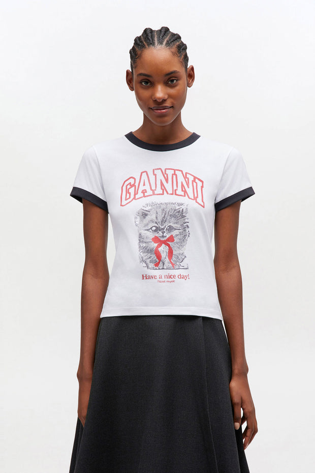 Hvit Basic Cotton Jersey Kitty Print - Stilshoppen