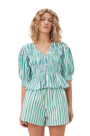 Stripe Cotton V-neck Fitted Blouse