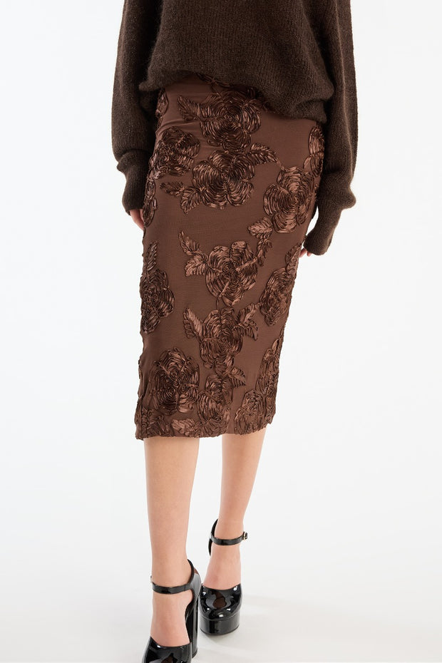 Brun Flower Mesh Pencil Skirt - Stilshoppen