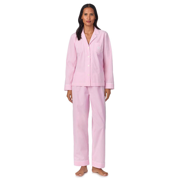 Pink Stripe Notch collar long pant pj set - Stilshoppen