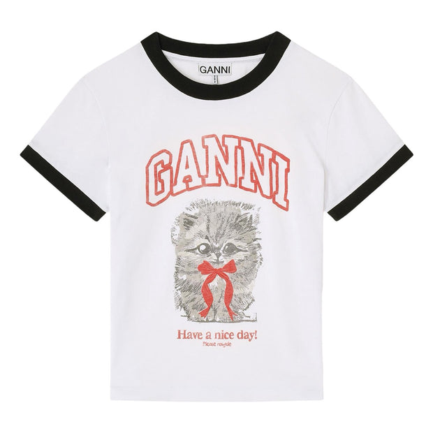 Hvit Basic Cotton Jersey Kitty Print - Stilshoppen