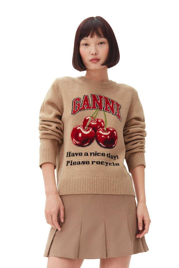 Beige Grapic Wool Mix Cherry Crewneck - Stilshoppen