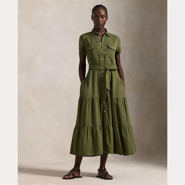 Oliven Belted Tiered Shirtdress - Stilshoppen