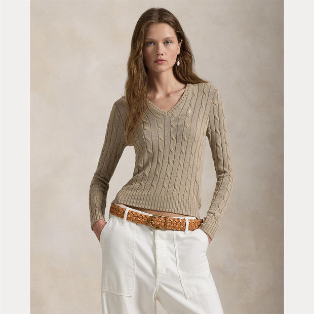 Beige Cable Knit Cotton V-neck Sweater - Stilshoppen