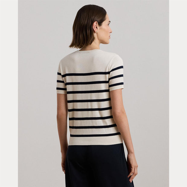 Cream/Navy  Striped Short Sleeve Serater - Stilshoppen