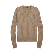 Beige Cable Knit Cotton V-neck Sweater - Stilshoppen