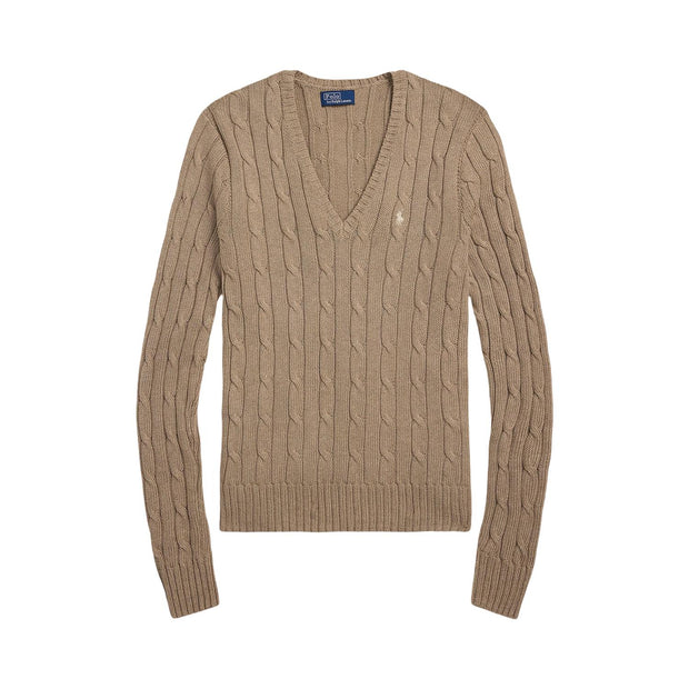 Beige Cable Knit Cotton V-neck Sweater - Stilshoppen