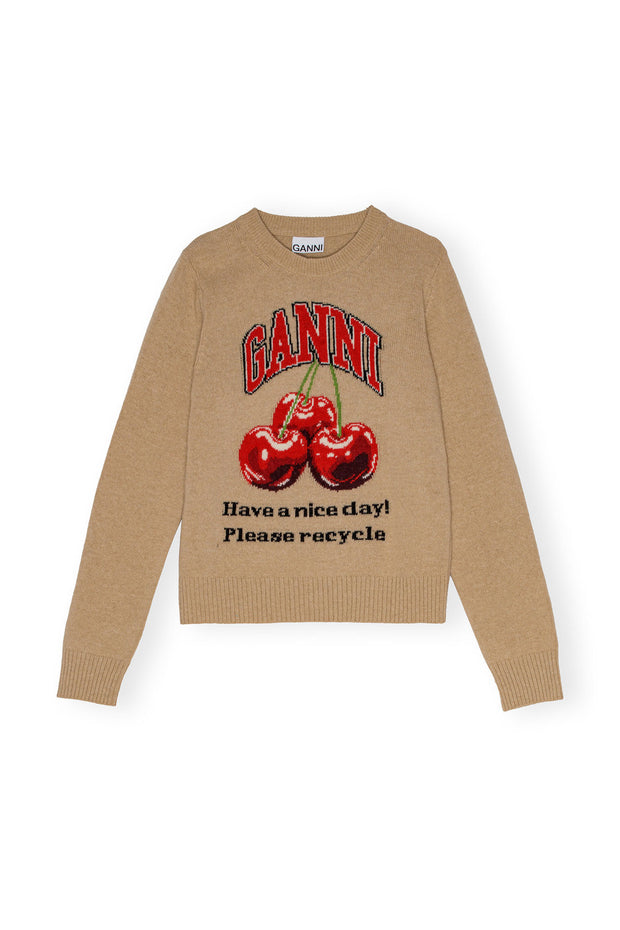 Beige Grapic Wool Mix Cherry Crewneck - Stilshoppen