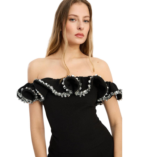 Sort Crepe Ruffle Top - Stilshoppen