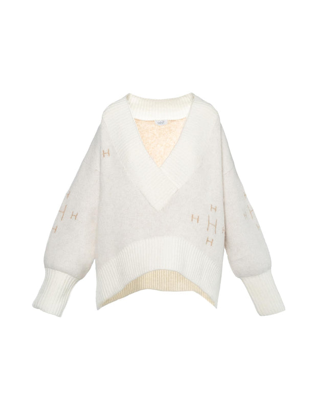 Fam V-neck sweater White alyssum - Stilshoppen