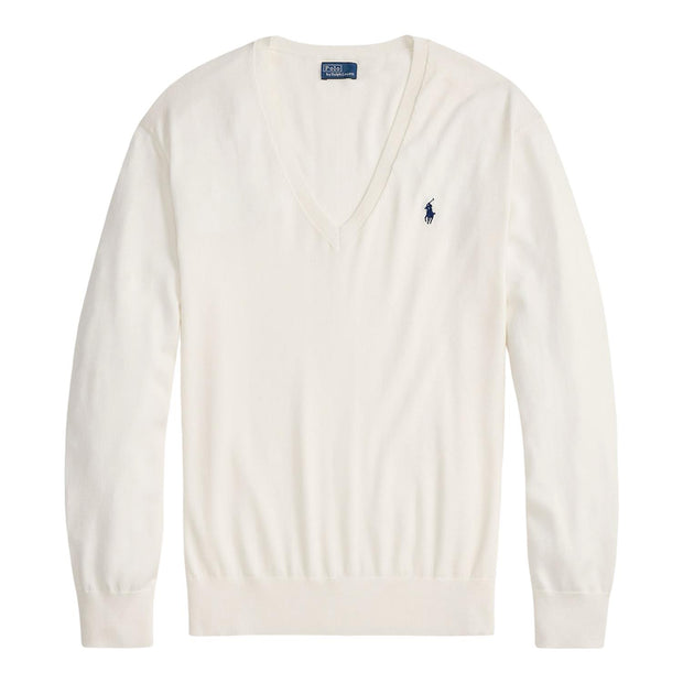 Creme Cotton V-neck Sweater