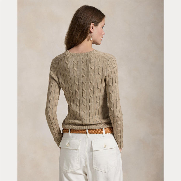 Beige Cable Knit Cotton V-neck Sweater - Stilshoppen