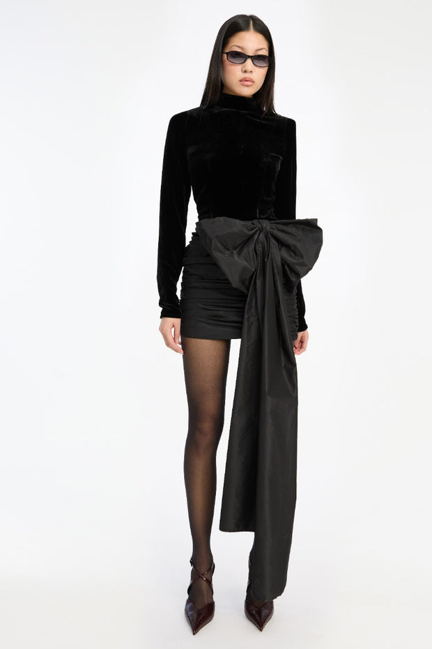 Sort Velvet Bow Mini Dress - Stilshoppen