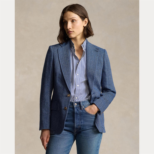 Blå Herringbone Linen Blend Blazer - Stilshoppen