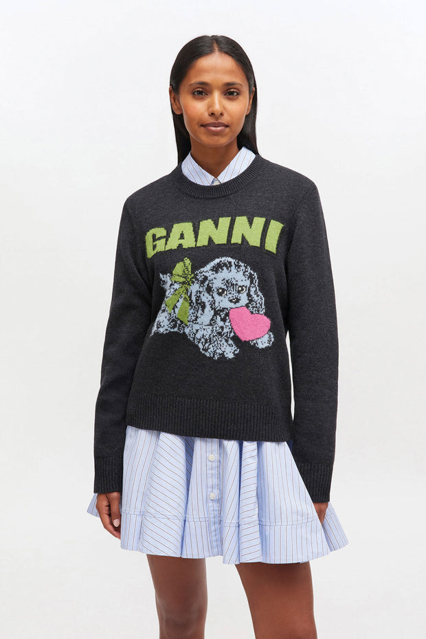 Mørkegrå Graphic Wool Mix Puppy Love Crewneck - Stilshoppen