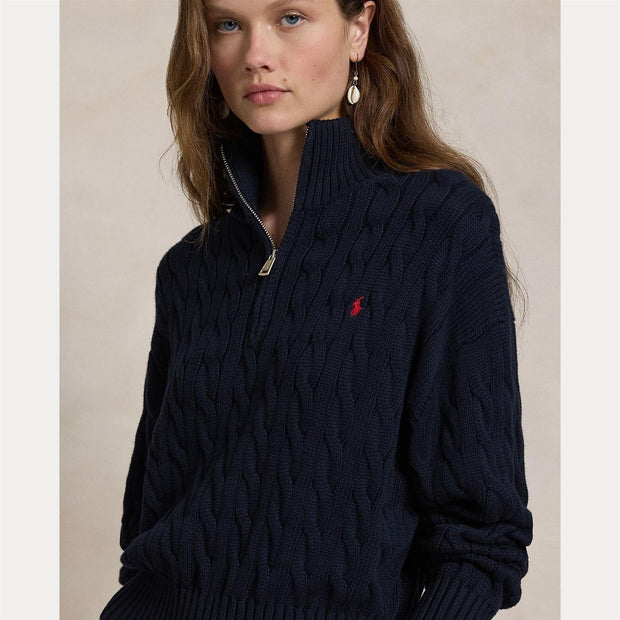 Marineblå Cable Knit Quarter Zip Sweater