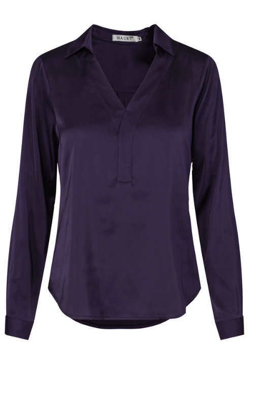 Navy Satin V-neck Blouse - Stilshoppen