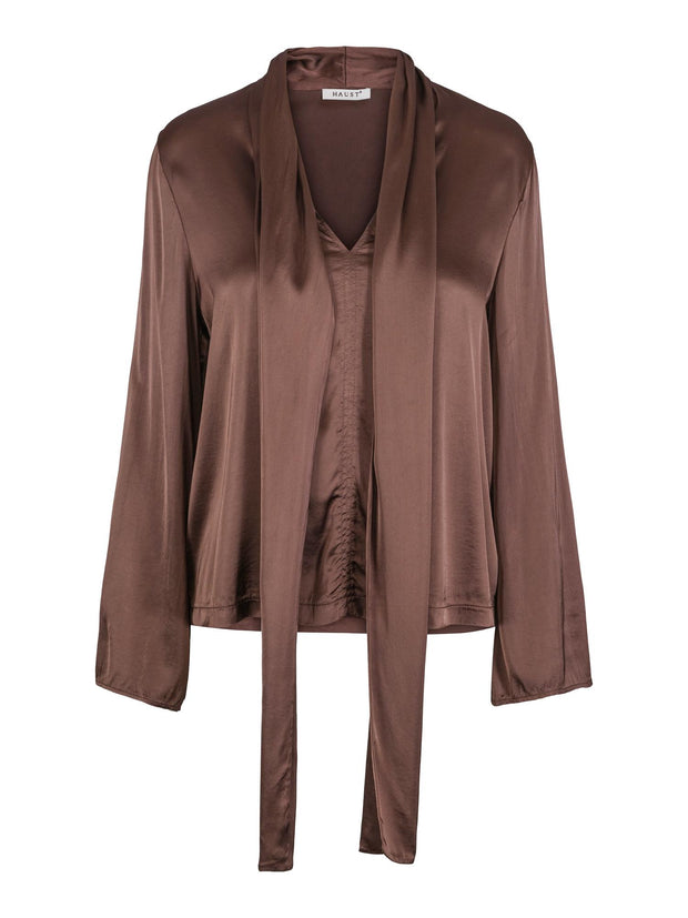 Dark Brown Tie satin stretch blouse - Stilshoppen