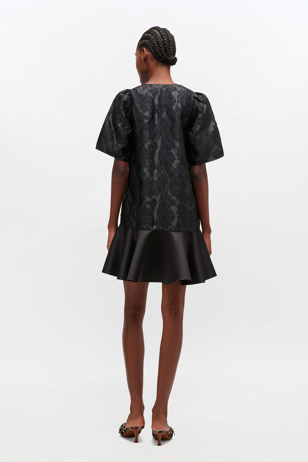 Sort Satin Cloque Mini V-neck Dress - Stilshoppen