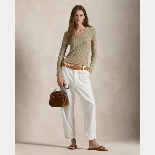 Beige Cable Knit Cotton V-neck Sweater - Stilshoppen