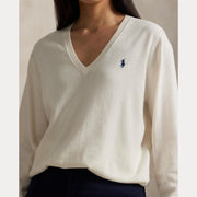 Creme Cotton V-neck Sweater