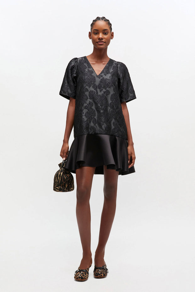 Sort Satin Cloque Mini V-neck Dress - Stilshoppen