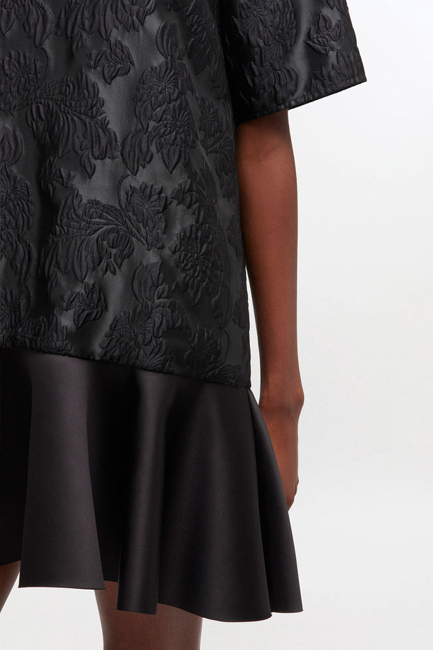 Sort Satin Cloque Mini V-neck Dress - Stilshoppen