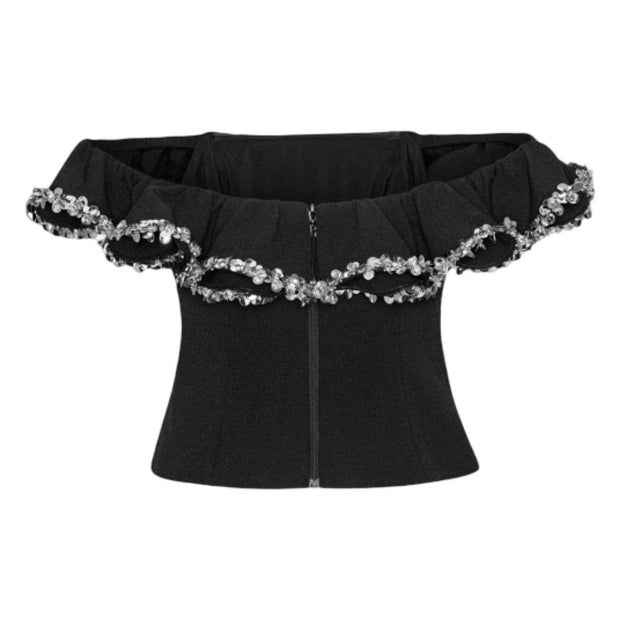 Sort Crepe Ruffle Top - Stilshoppen