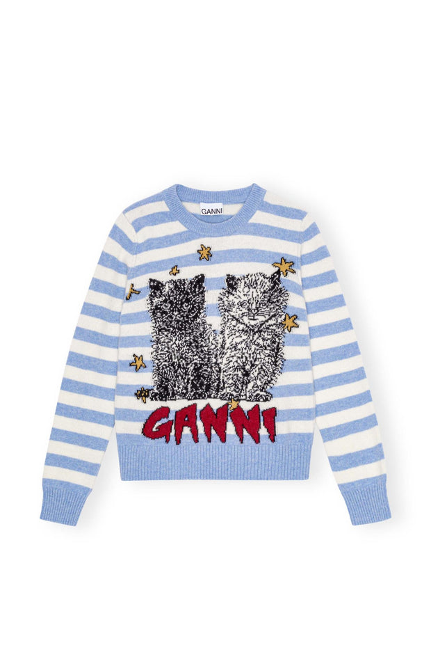 Blå Striped Graphci Wool Mix Cats Crewneck - Stilshoppen