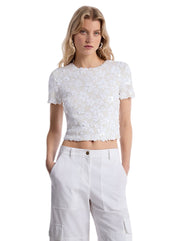 Hvit Floral Sequin Crop Scuba top