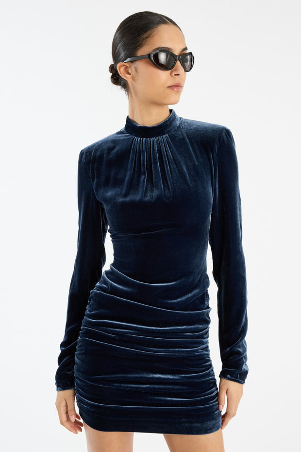 Blå Silk Velvet LS Mini Dress - Stilshoppen