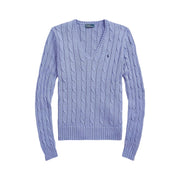 Lyseblå Cable Knit Cotton V-Neck Sweater - Stilshoppen