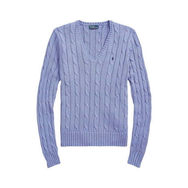 Lyseblå Cable Knit Cotton V-Neck Sweater - Stilshoppen