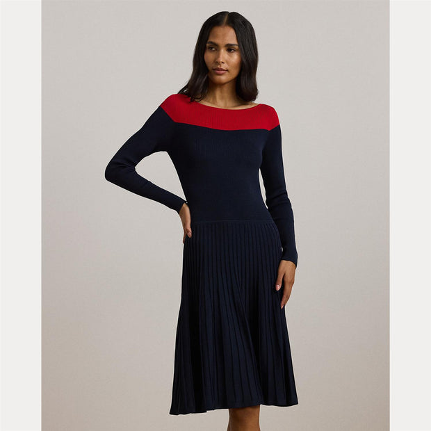 Navy Two-Tone Pointelle Knit Dress - Stilshoppen