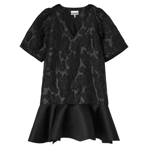 Sort Satin Cloque Mini V-neck Dress - Stilshoppen