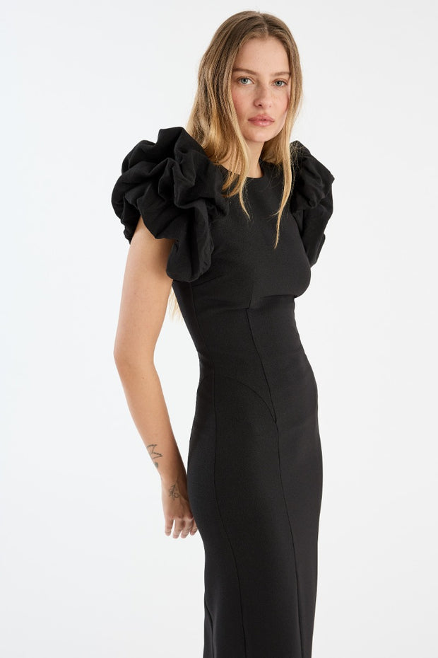 Sort Crepe Puffy Midi Dress - Stilshoppen