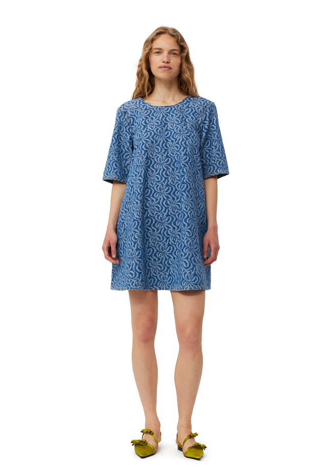 Blå Jacquard Denim A-line Mini Dress