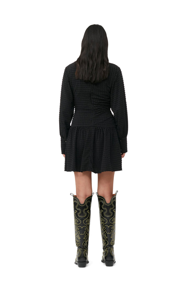 Black Stretch Seersucker Gathered Mini Dress - Stilshoppen