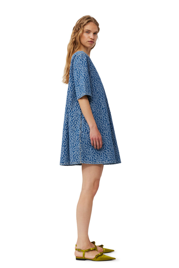 Blå Jacquard Denim A-line Mini Dress