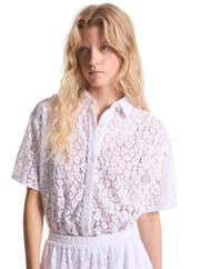 White Lace Crop BTN DWN Shirt