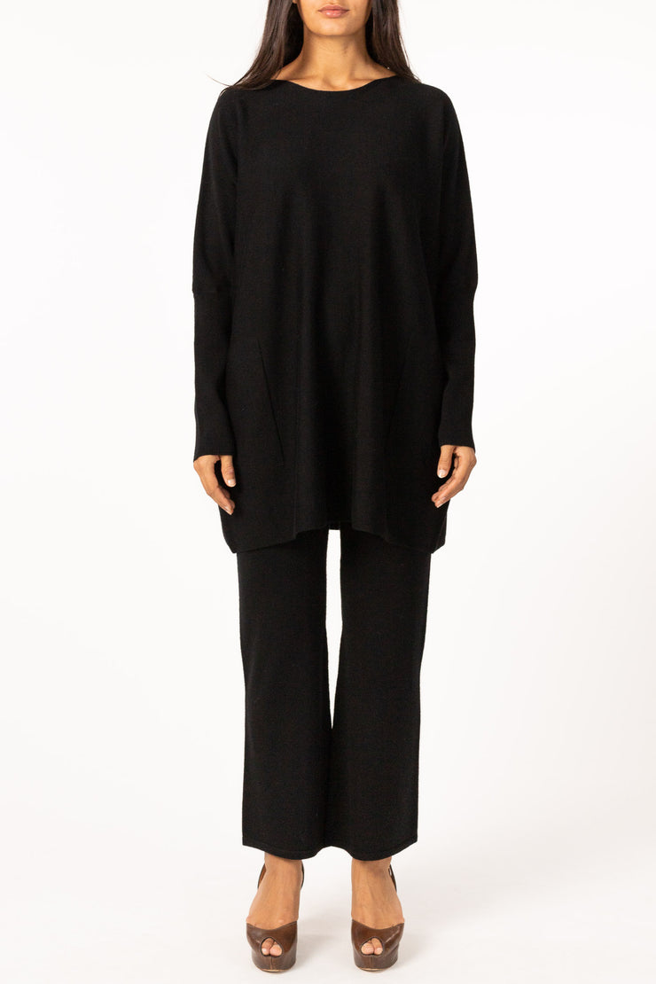 Black Merino Long Wide Crewneck