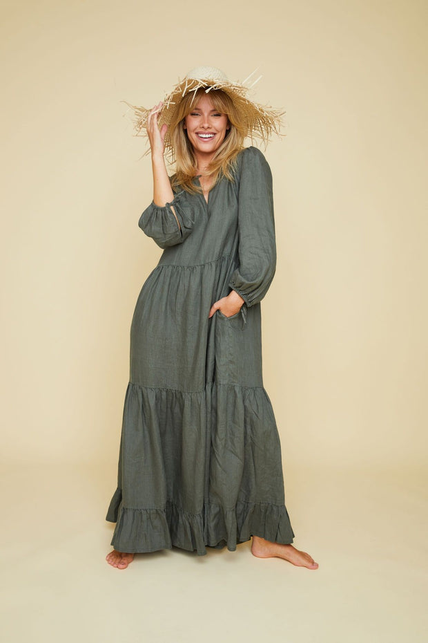 knee length dresses for ladies Linen dress CHLOE — Wrap-Style Linen with Pockets
