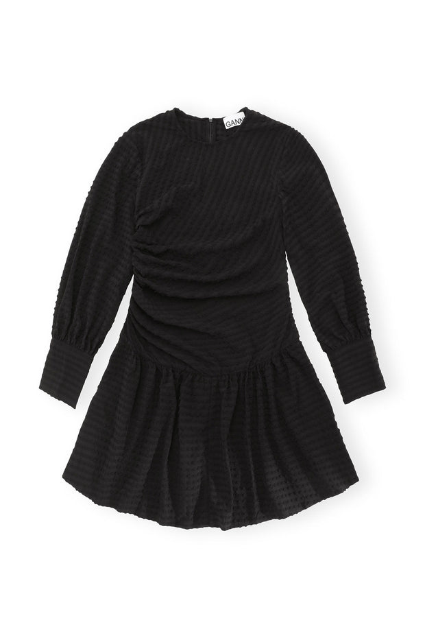 Black Stretch Seersucker Gathered Mini Dress - Stilshoppen