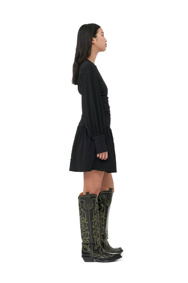 Black Stretch Seersucker Gathered Mini Dress - Stilshoppen