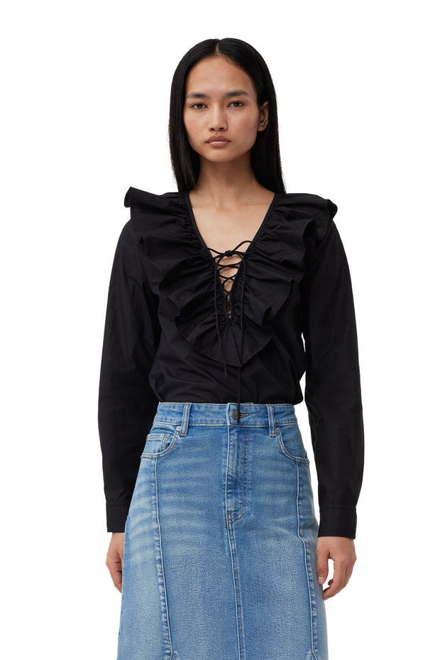 Sort Cotton Poplin Ruffle V-neck blouse